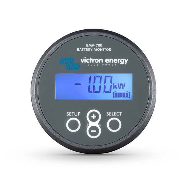 Close-up of the grey BMV-702 battery monitor face showing a blue backlit LCD screen
