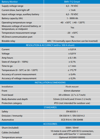 Table showing electrical and physical specifications for the BMV-712 battery monitor