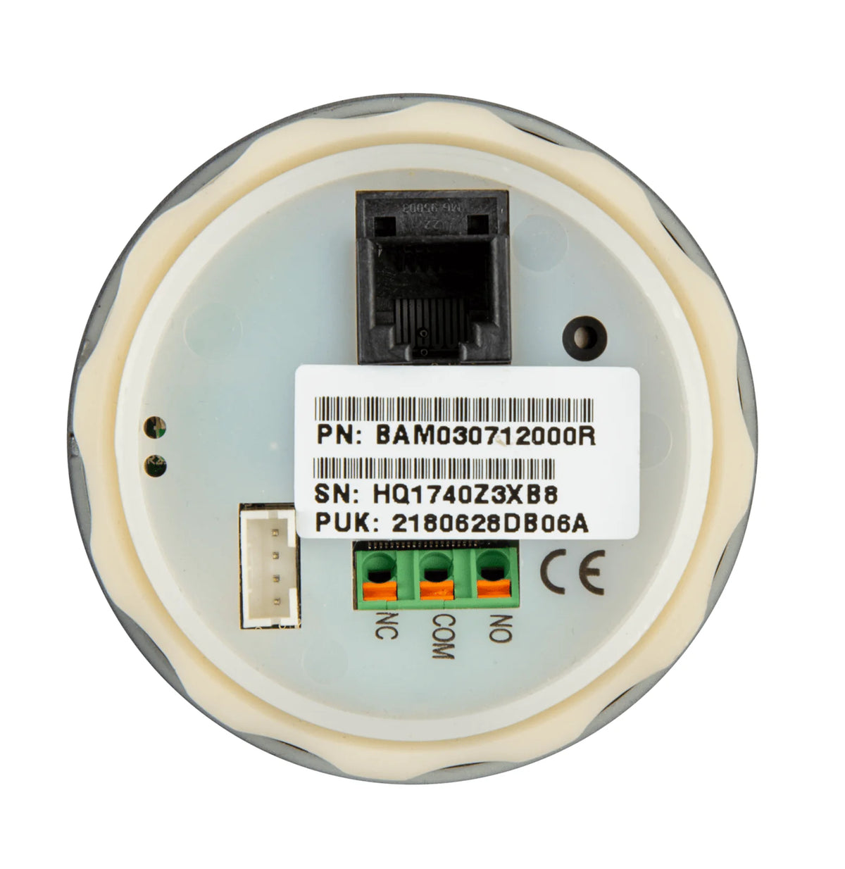 Rear view of the BMV-712 monitor showing RJ12 port, relay terminals, and product labels