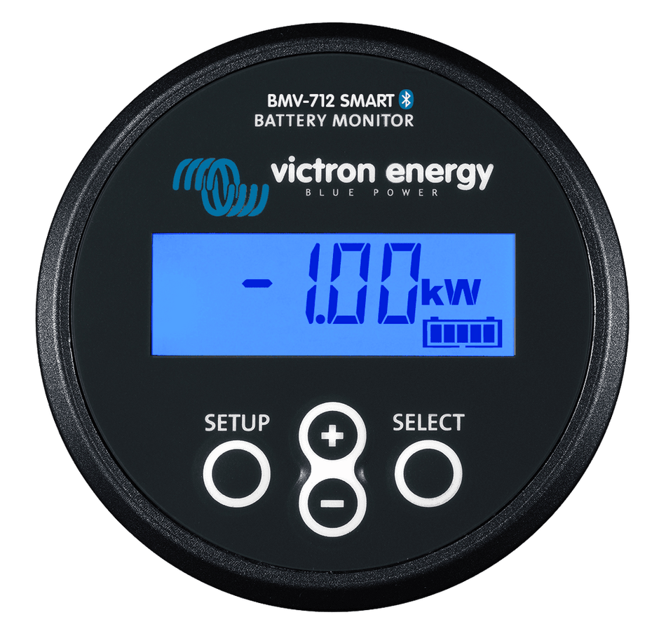 Black Victron BMV-712 Smart battery monitor with blue backlit LCD display showing power usage