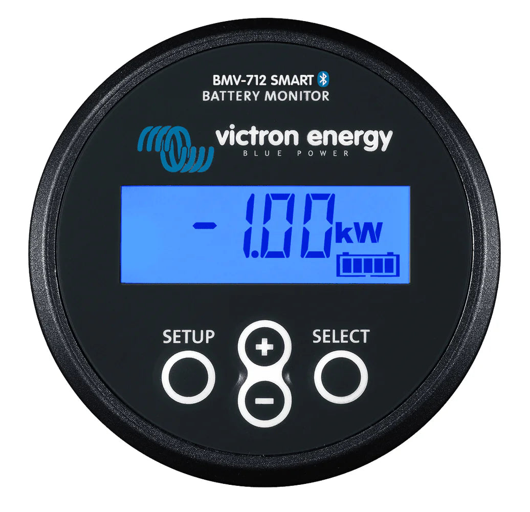 Black Victron BMV-712 Smart battery monitor with blue backlit LCD display showing power usage