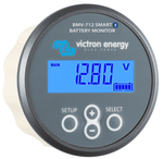 Front of Victron BMV-712 Smart battery monitor with grey bezel and blue backlit display
