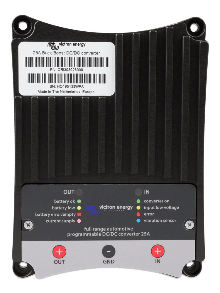 Front view of the 25A DC-DC converter showing terminal labels and detailed status panel
