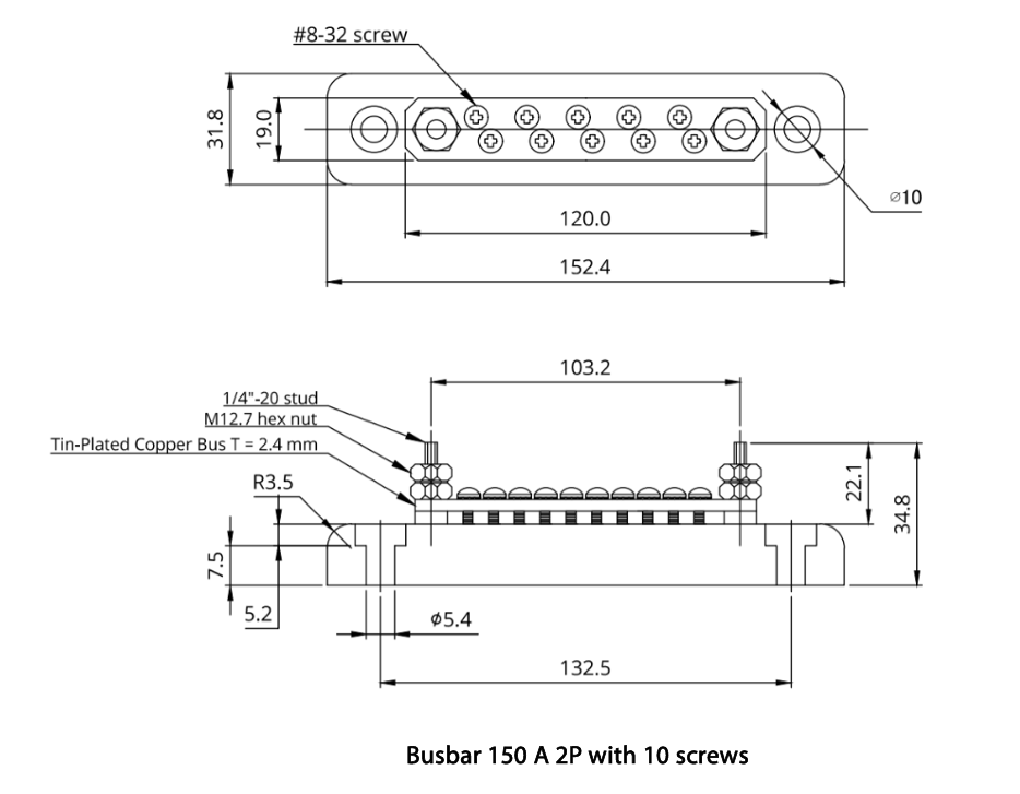 Technical dimensional drawing of the 150A 2P busbar with 10 screws showing measurements in mm