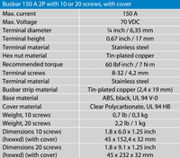 Specification table for Victron 150A 2P busbar including voltage and material details
