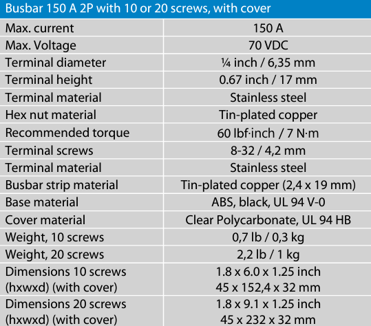 Technical specifications table for Victron 150A busbar variants