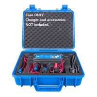 Open Victron carry case demonstrating charger and cable organisation with disclaimer text