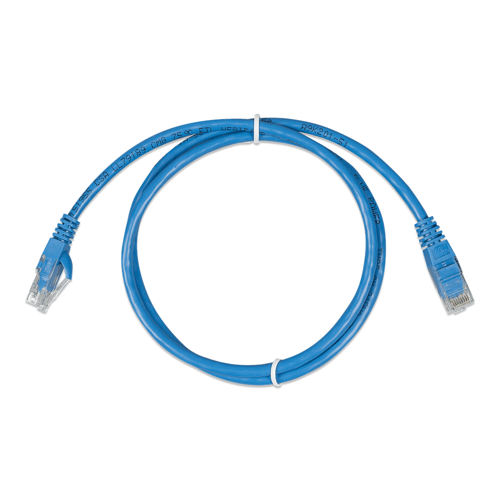 Coiled 1.8m blue Cat5e RJ45 UTP Ethernet patch cable with clear modular connectors