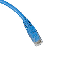 Coiled 10m blue Cat5e RJ45 UTP Ethernet patch cable with clear modular connectors