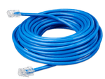 Coiled 15m blue Cat5e RJ45 UTP Ethernet patch cable with clear modular connectors