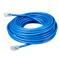Coiled 15m blue Cat5e RJ45 UTP Ethernet patch cable with clear modular connectors