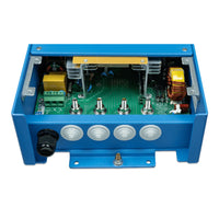 Internal view of Centaur 12/40 charger showing AC/DC terminals and configuration DIP switches
