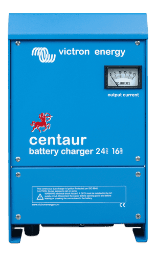 Front view of blue Victron Centaur 24V 16A battery charger with analogue ammeter