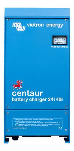 Front view of blue Victron Centaur 24V 40A multi-bank battery charger