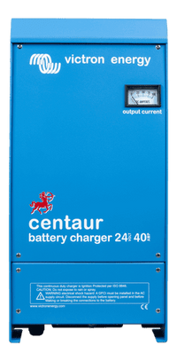 Front view of blue Victron Centaur 24V 40A multi-bank battery charger