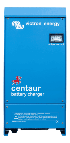 Front view of Victron Centaur 24V 60A charger with analogue ammeter and blue aluminium enclosure