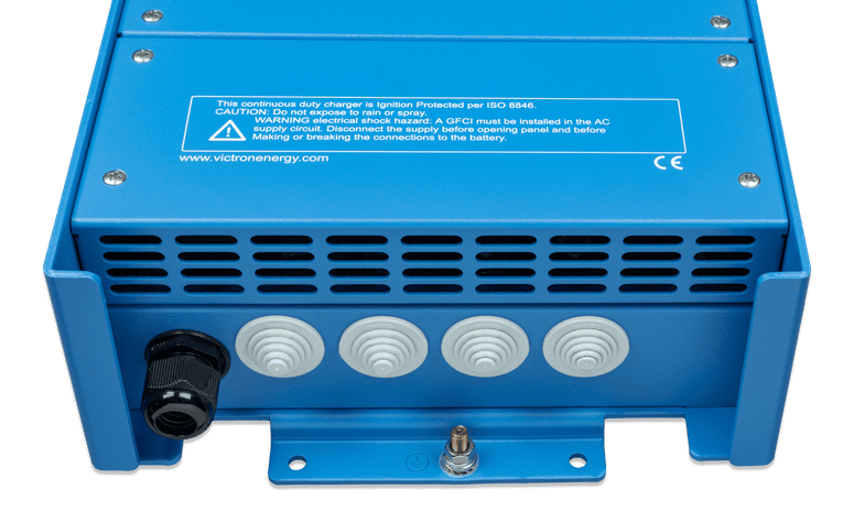 Bottom view of battery charger featuring cable entries, cooling vents and mounting bracket