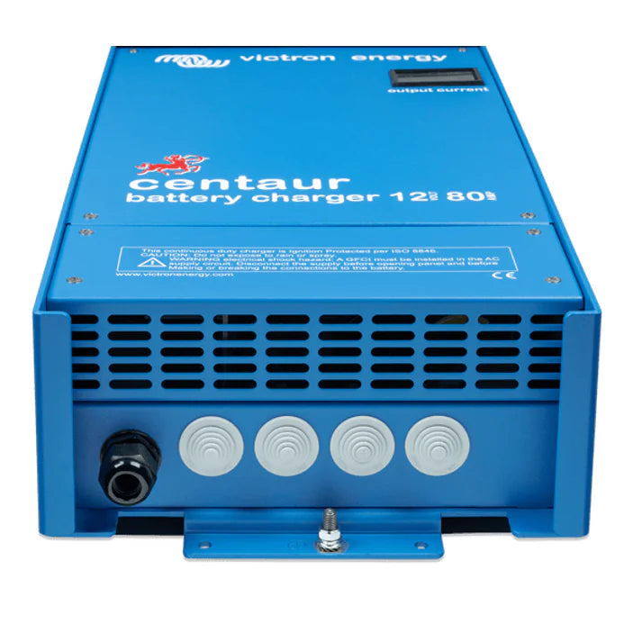 Base view of the battery charger showing cable entry points and mounting flange