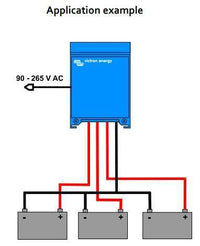 Application diagram showing a single Victron Centaur charger connected to three separate battery banks
