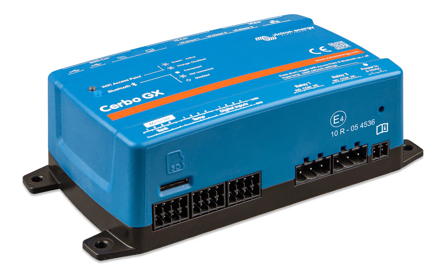 Angled side view of the blue Victron Cerbo GX MK2 communication centre