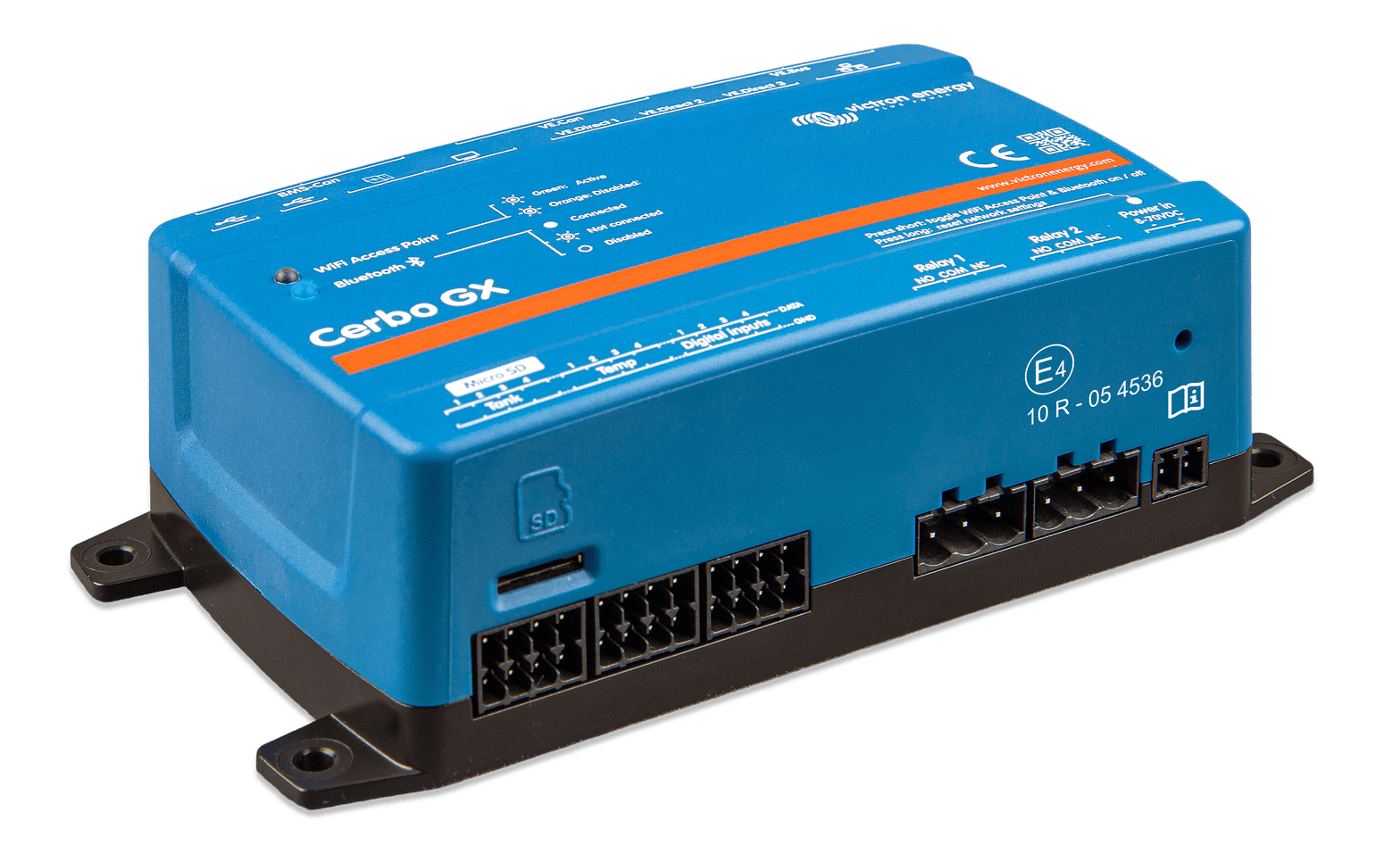 Angled side view of the blue Victron Cerbo GX MK2 communication centre