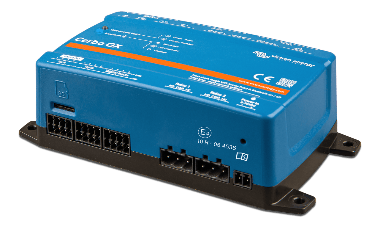 Angled front view of Cerbo GX MK2 showing the Micro SD slot and IO terminal blocks