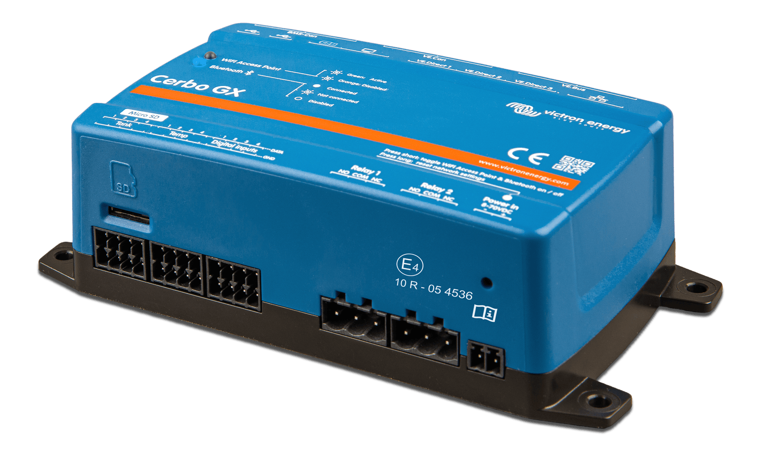 Angled front view of Cerbo GX MK2 showing the Micro SD slot and IO terminal blocks