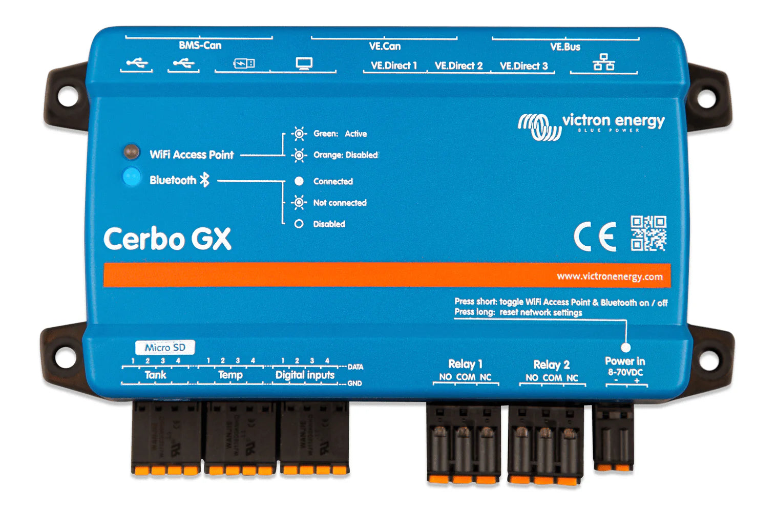 Top-down view of Cerbo GX MK2 detailing connection labels and LED status indicators