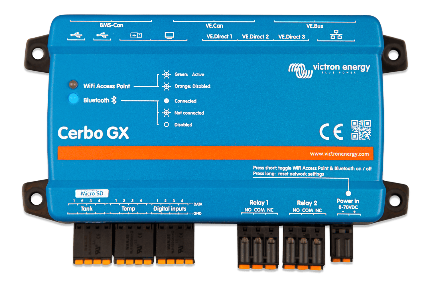 Top-down view of Cerbo GX MK2 detailing connection labels and LED status indicators
