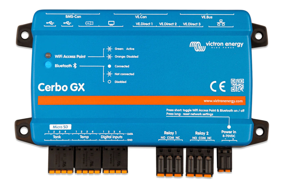 Top-down view of Cerbo GX MK2 detailing connection labels and LED status indicators