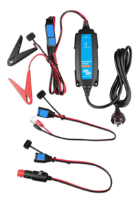 Victron 1.1A battery charger with included battery clamps eyelet terminals and 12V cigarette plug