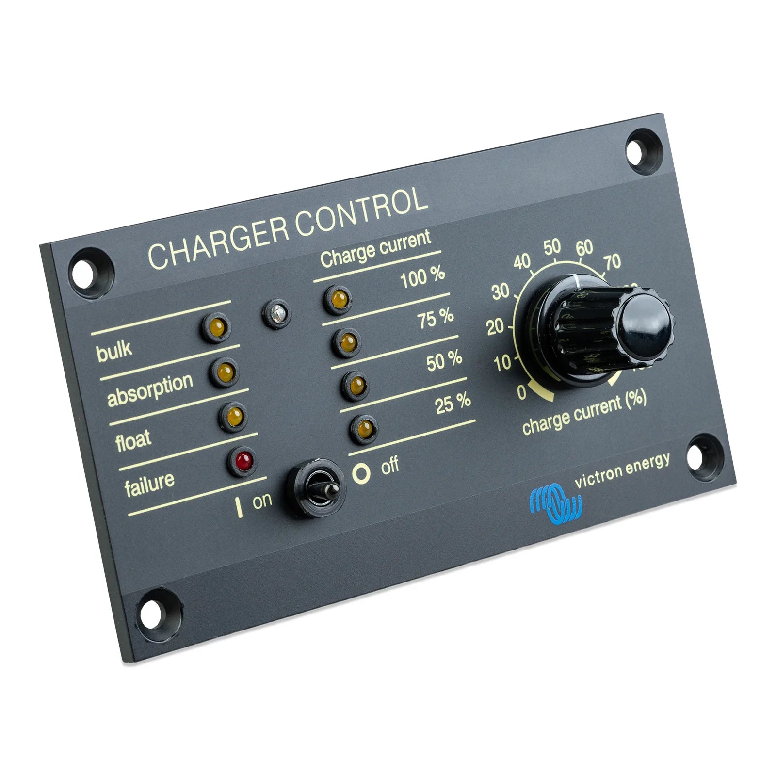 Angled view of the charger remote control panel showing the protruding rotary dial and toggle switch