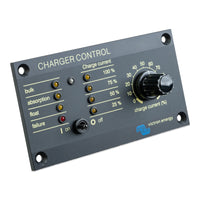 Angled view of the charger remote control panel showing the protruding rotary dial and toggle switch