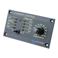 Side profile of the Victron charger control panel highlighting the slim mounting plate and recessed screw holes