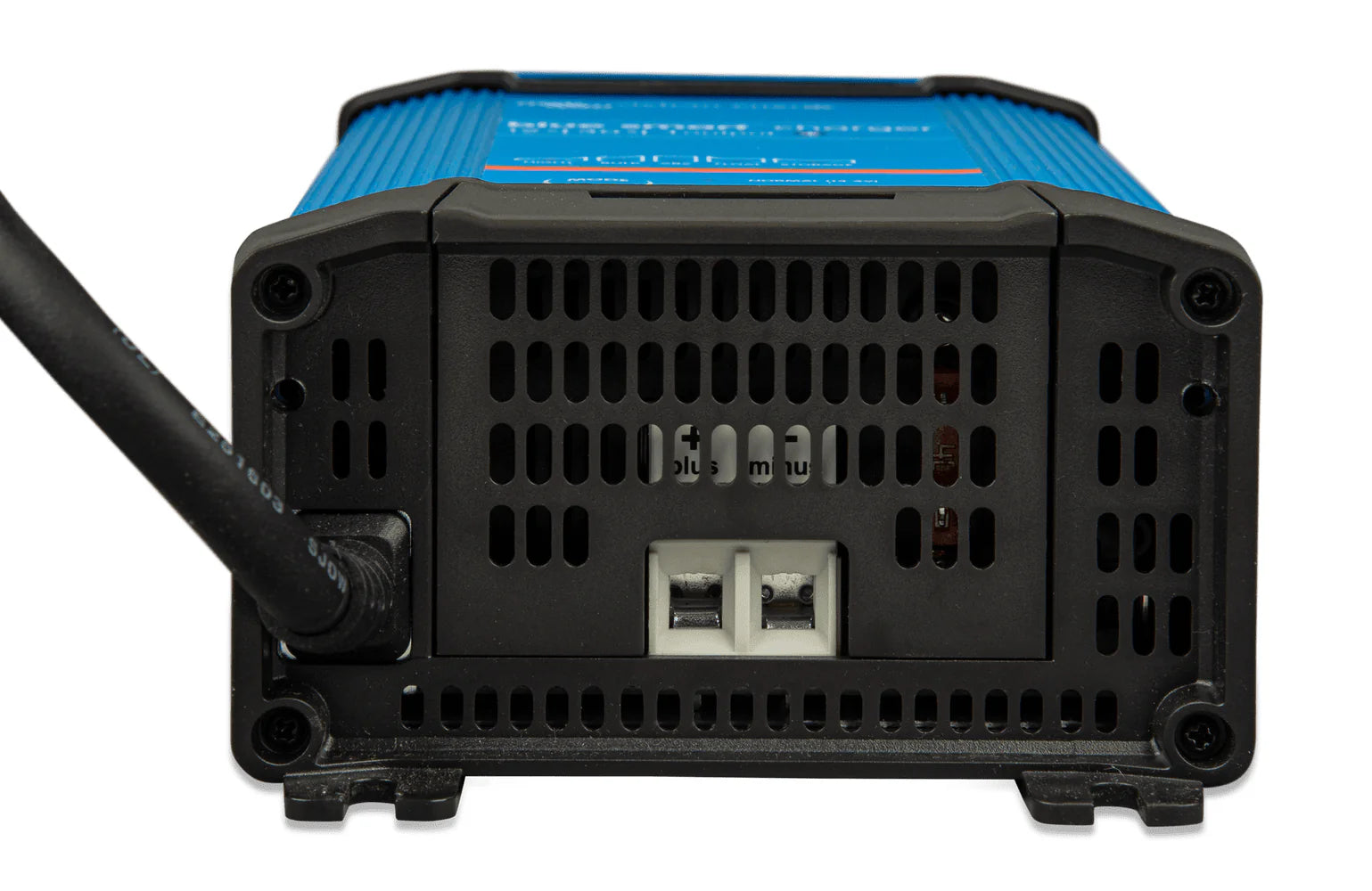 Bottom view of battery charger showing ventilation grille and DC output terminals