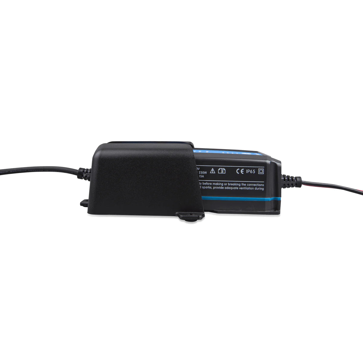 Side profile of a Victron IP65 charger inserted into a black wall mount holster