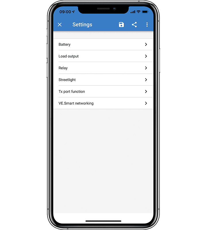 Settings menu in the VictronConnect app for adjusting battery and load parameters