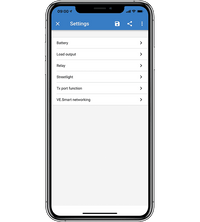 Settings menu in the VictronConnect app for adjusting battery and load parameters