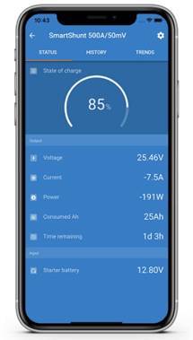 VictronConnect app dashboard displaying battery state of charge and electrical parameters