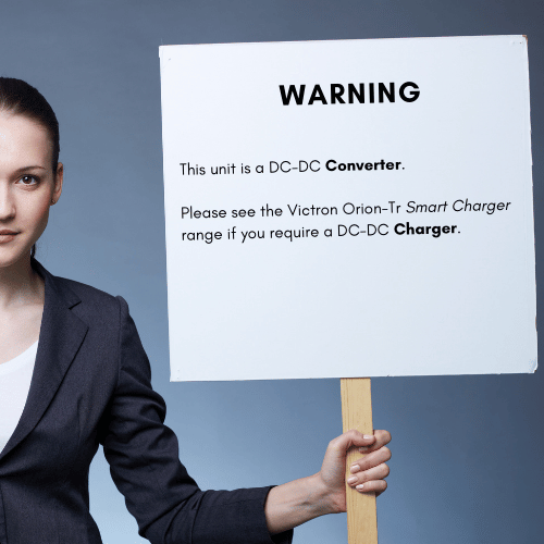 Warning sign stating this unit is a DC-DC converter and not a charger
