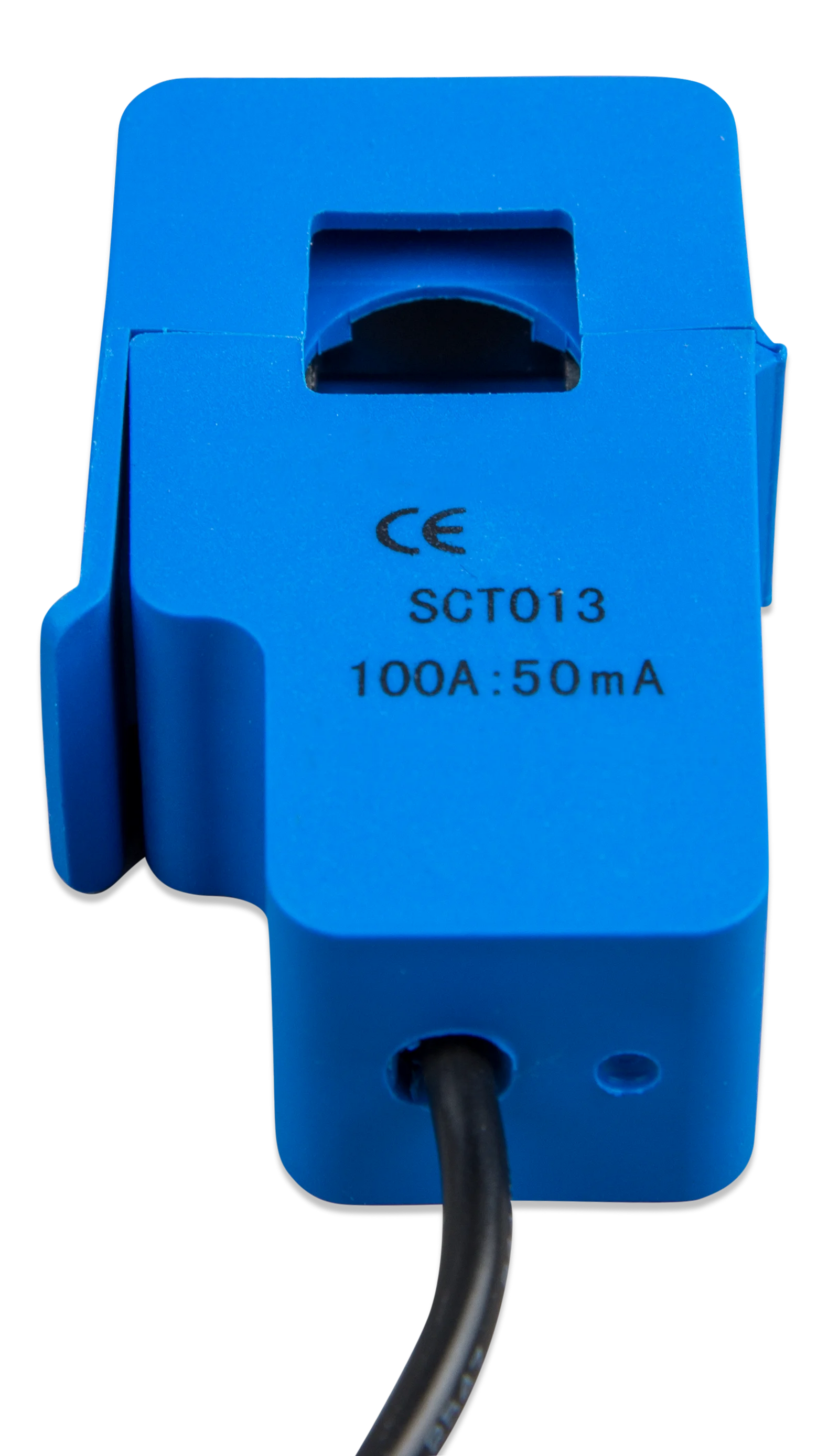 Technical label on current transformer showing 100A to 50mA ratio and model SCT013