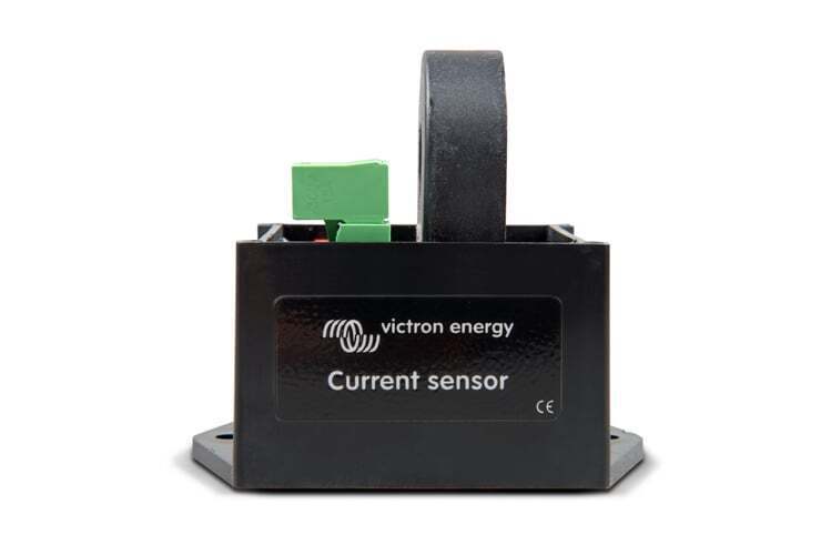Front view of black Victron current sensor featuring logo and current transformer ring