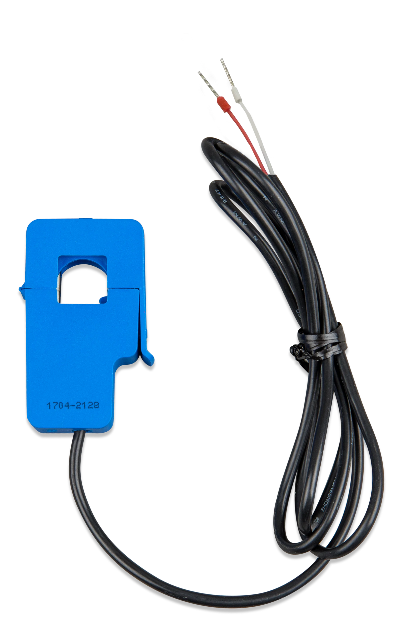 Blue current transformer clamp with coiled 20m black cable and ferrule wire ends