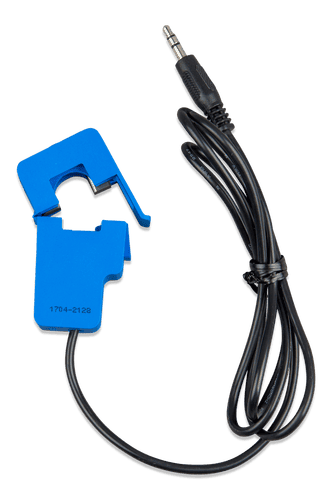 Blue split-core current transformer with black 5m cable and 3.5mm jack plug
