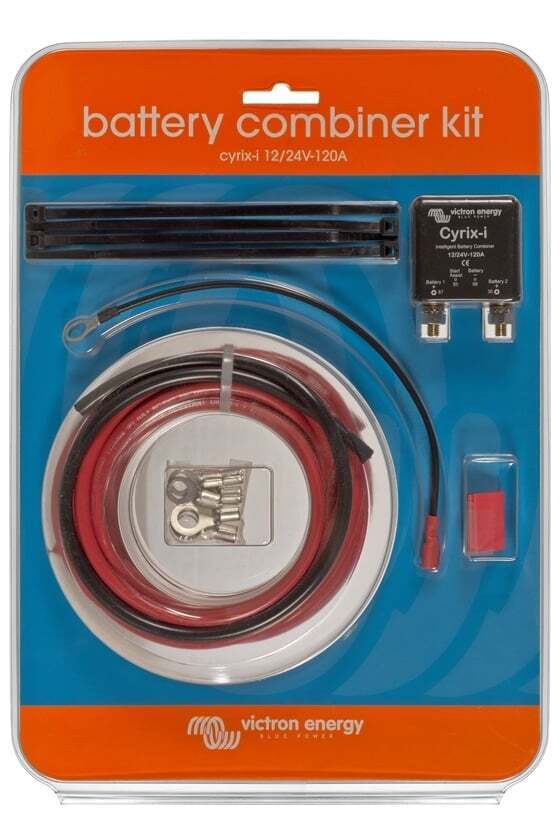 Victron battery combiner kit in retail packaging with relay, cables, cable ties, and terminals