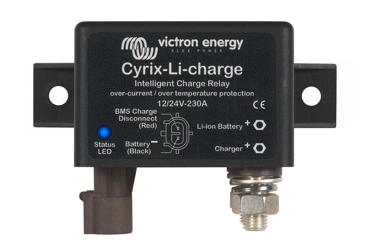 Front view of Victron Cyrix-Li-Charge 12/24V intelligent relay showing status LED and threaded terminals