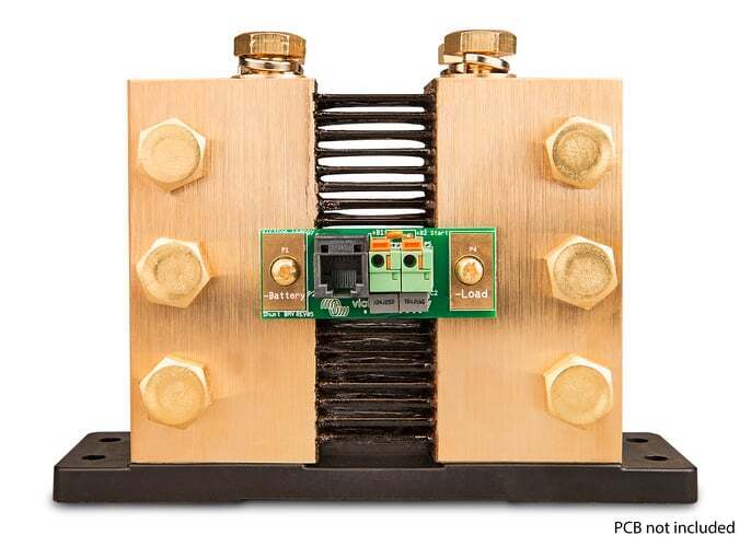 Front view of 6000A DC shunt with green Victron PCB monitoring module attached