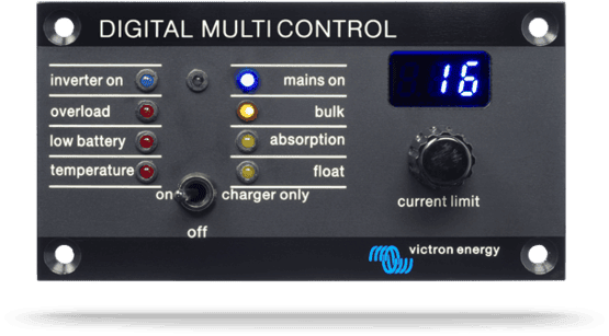 Front panel of Victron Digital Multi Control with status LEDs, toggle switch and current limit dial