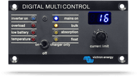 Front panel of Victron Digital Multi Control with status LEDs, toggle switch and current limit dial