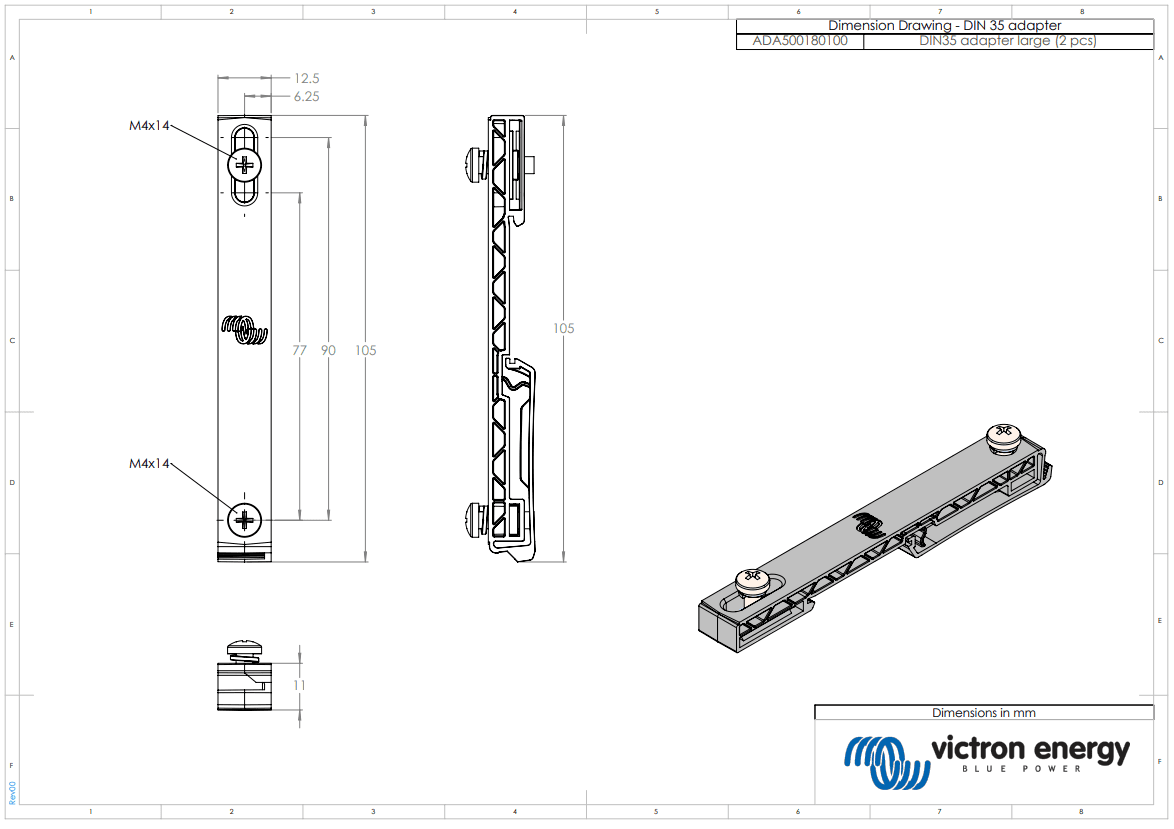 Dimensional drawing for large DIN35 adapter showing 105mm length and M4 screw positions